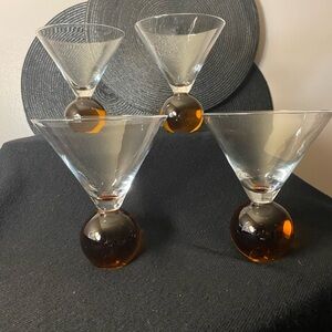 4pc Hand Blown Controlled Orange Brown Bubble Ball Martini Glasses